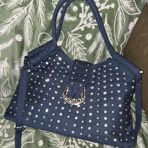 WESTERN RHINESTONE DENIM HOBO BAG WITH ADJUSTABLE STRAP LIKE NEW